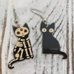 🎃 Adorable Black Cat / Skeleton Cat Wood Dangle Earrings
